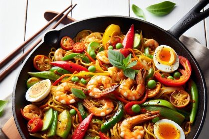 Sizzling Skillet Singaporean Curry Shrimp Noodles Recipe