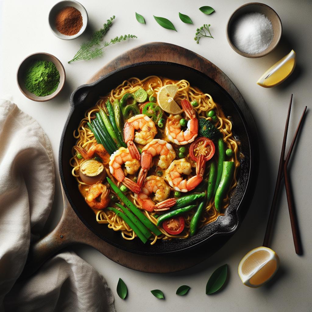 Sizzling Skillet Singaporean Curry Shrimp Noodles Recipe